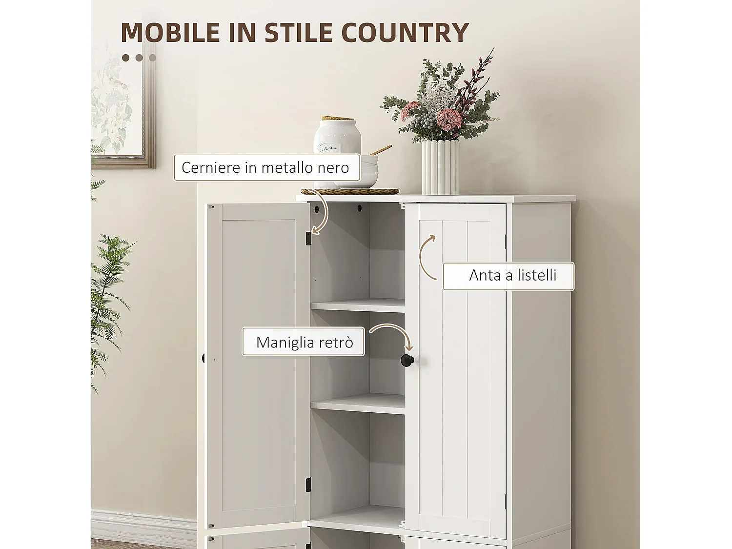 Credenza cucina con 2 armadietti e ripiano regolabile bianco