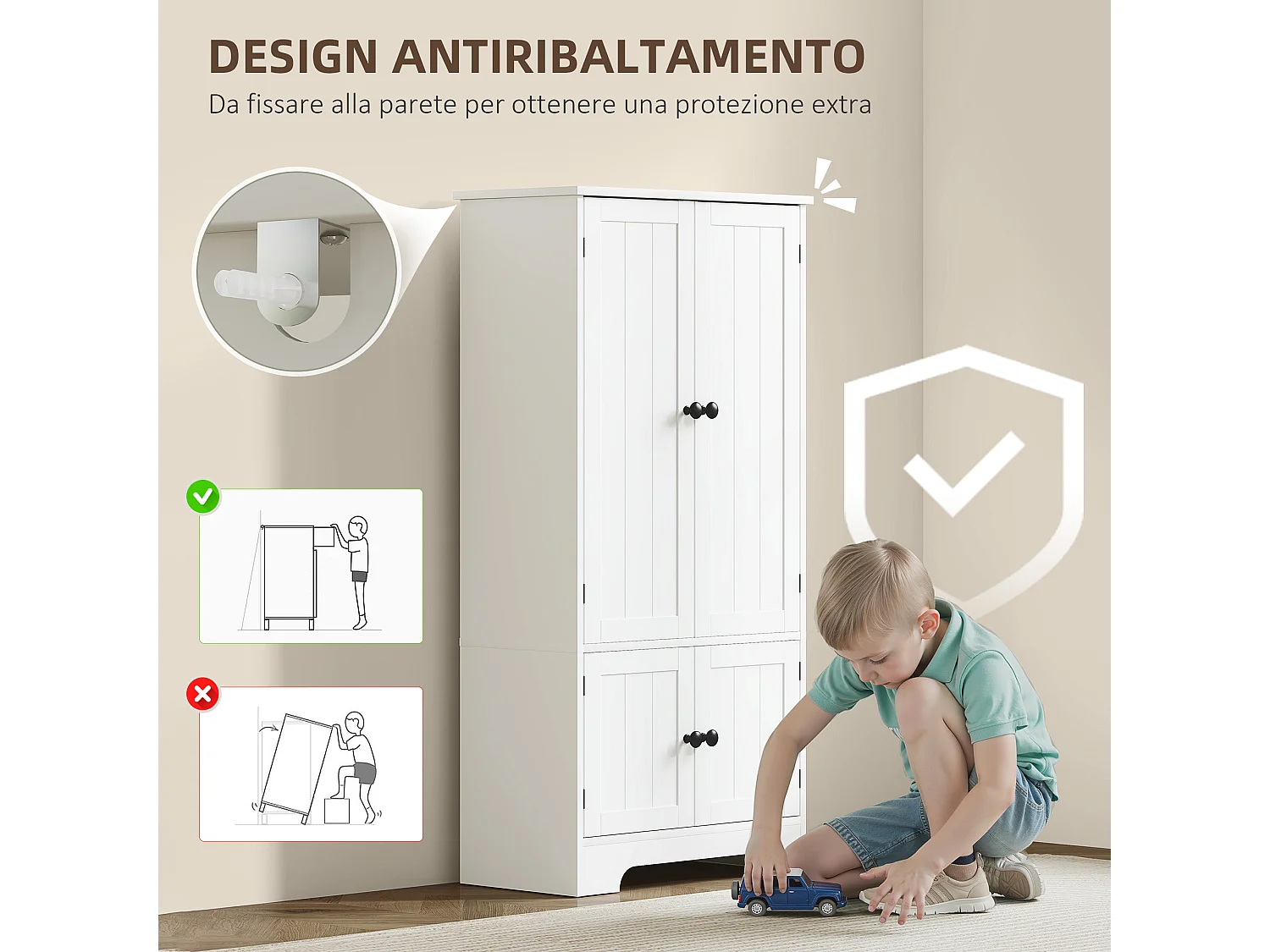 Credenza cucina con 2 armadietti e ripiano regolabile bianco