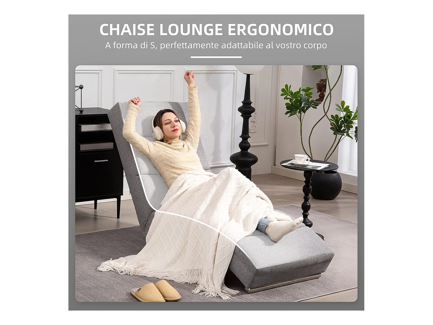 Chaise longue reclinabile con schienale alto in tessuto grigio