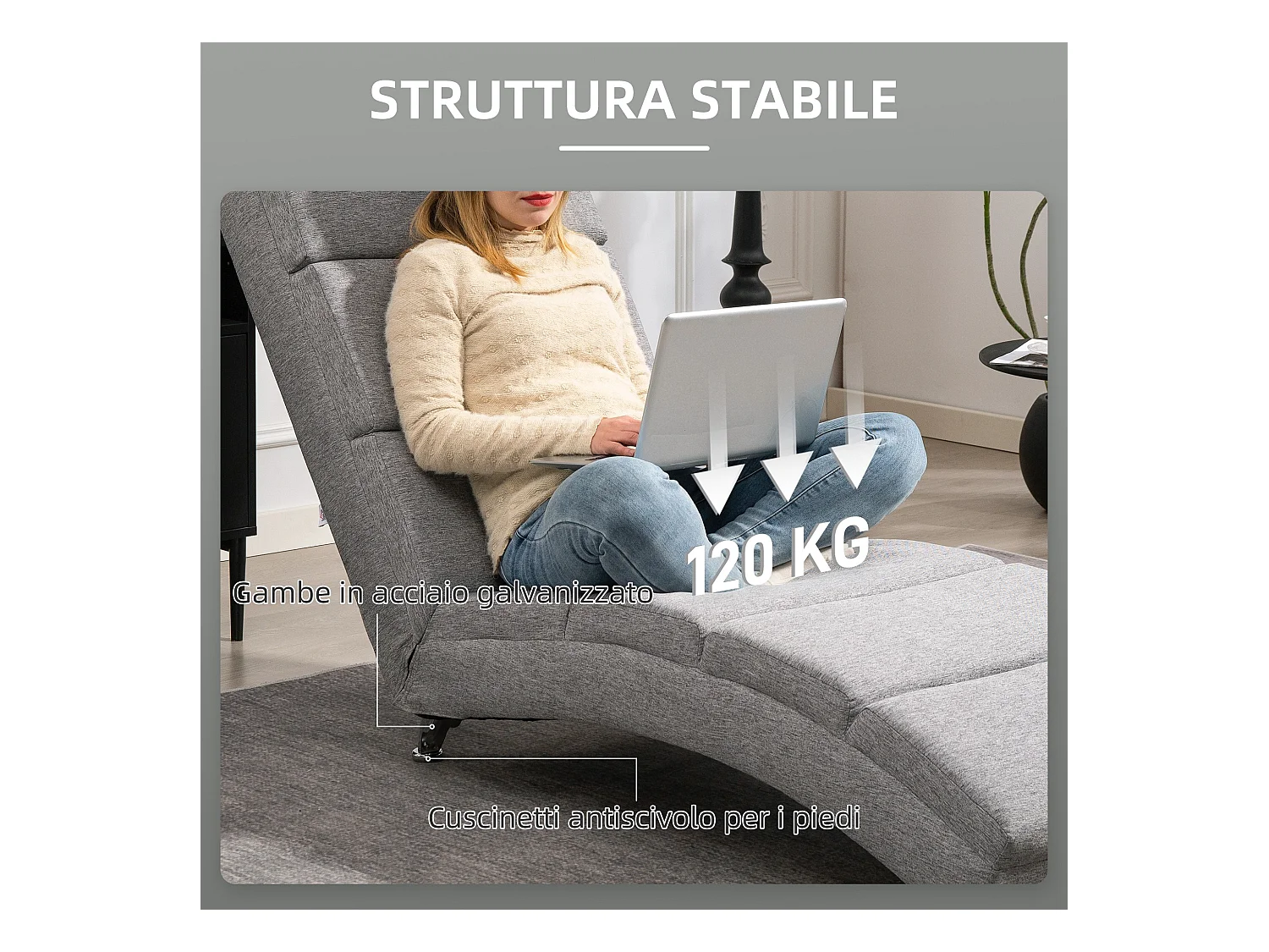Chaise longue reclinabile con schienale alto in tessuto grigio