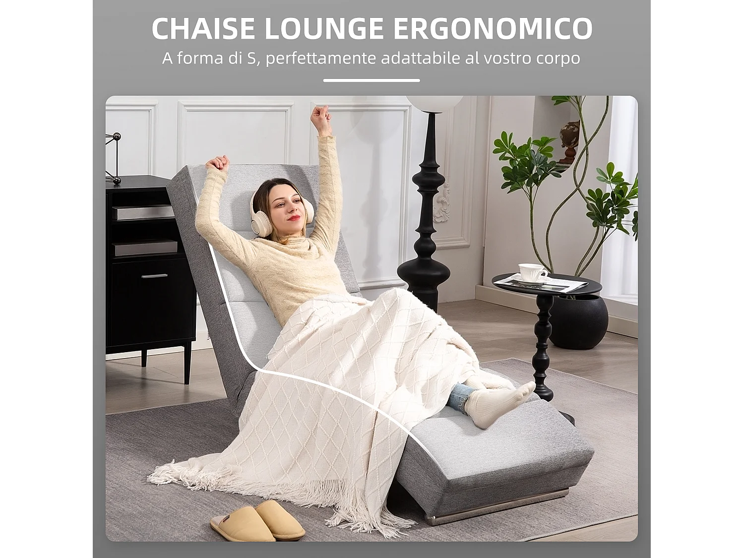 Chaise longue reclinabile con schienale alto in tessuto grigio