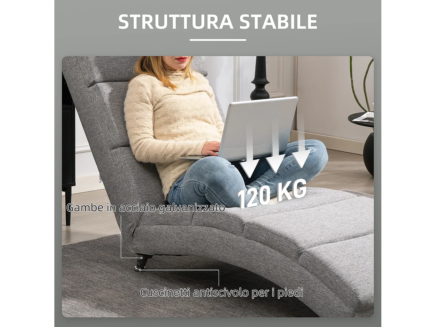 Chaise longue reclinabile con schienale alto in tessuto grigio