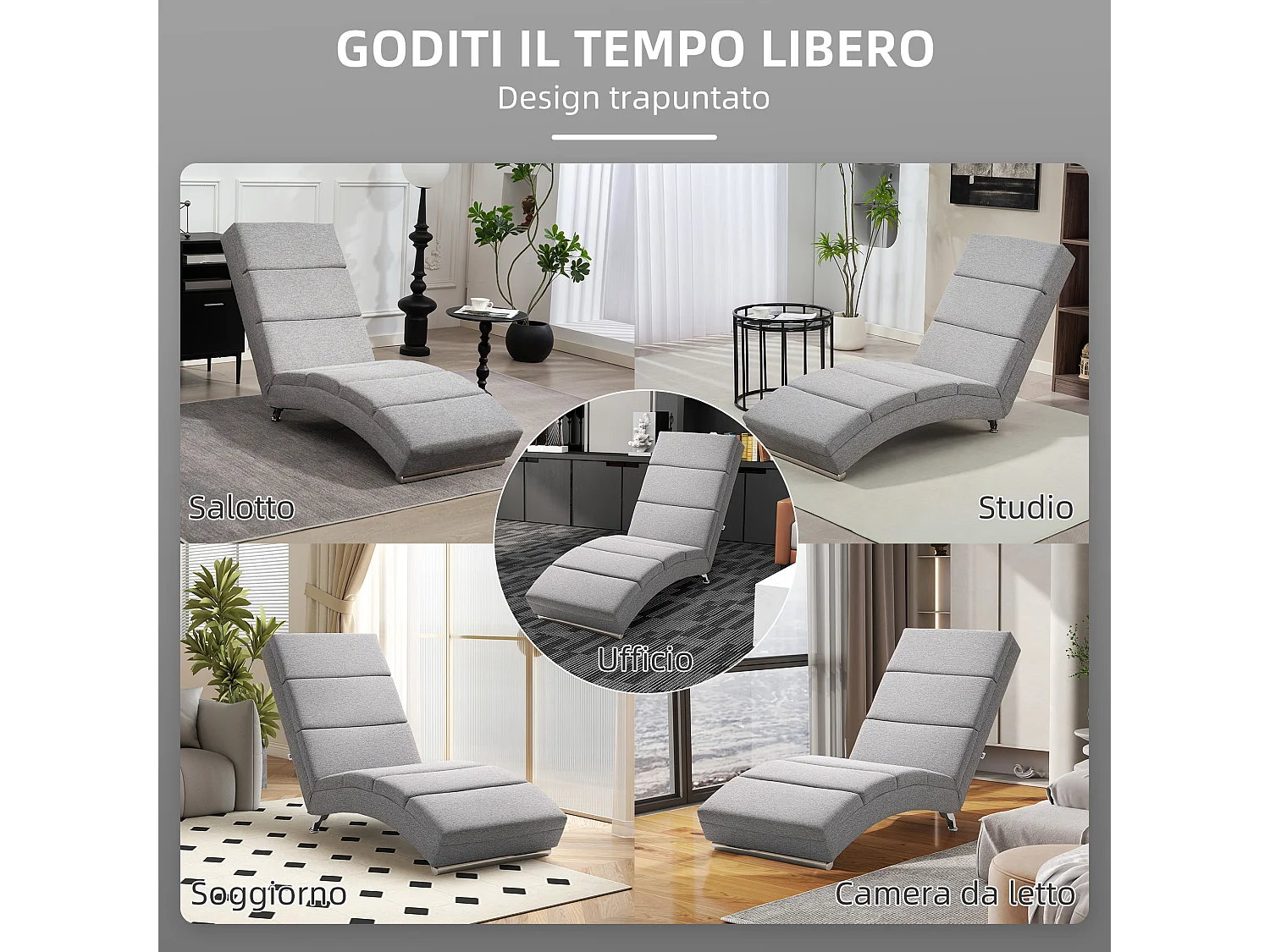 Chaise longue reclinabile con schienale alto in tessuto grigio