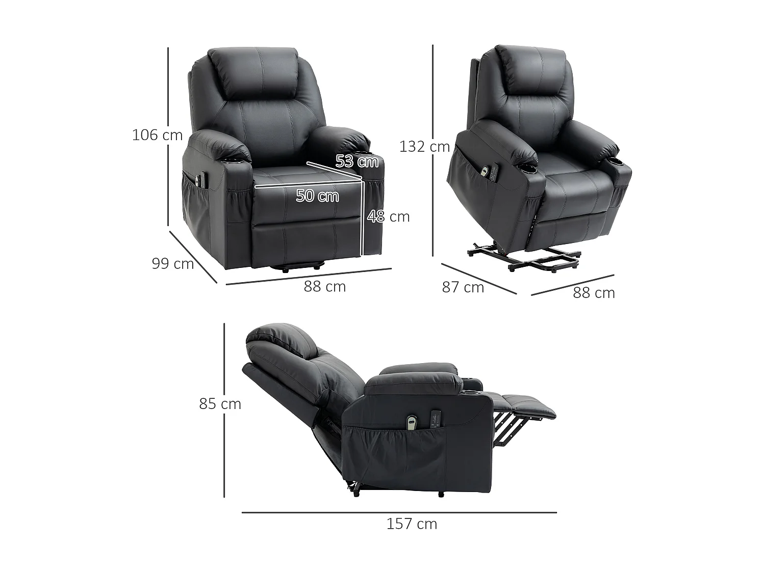 Poltrona alzapersona massaggiante e reclinabile max 135° nero