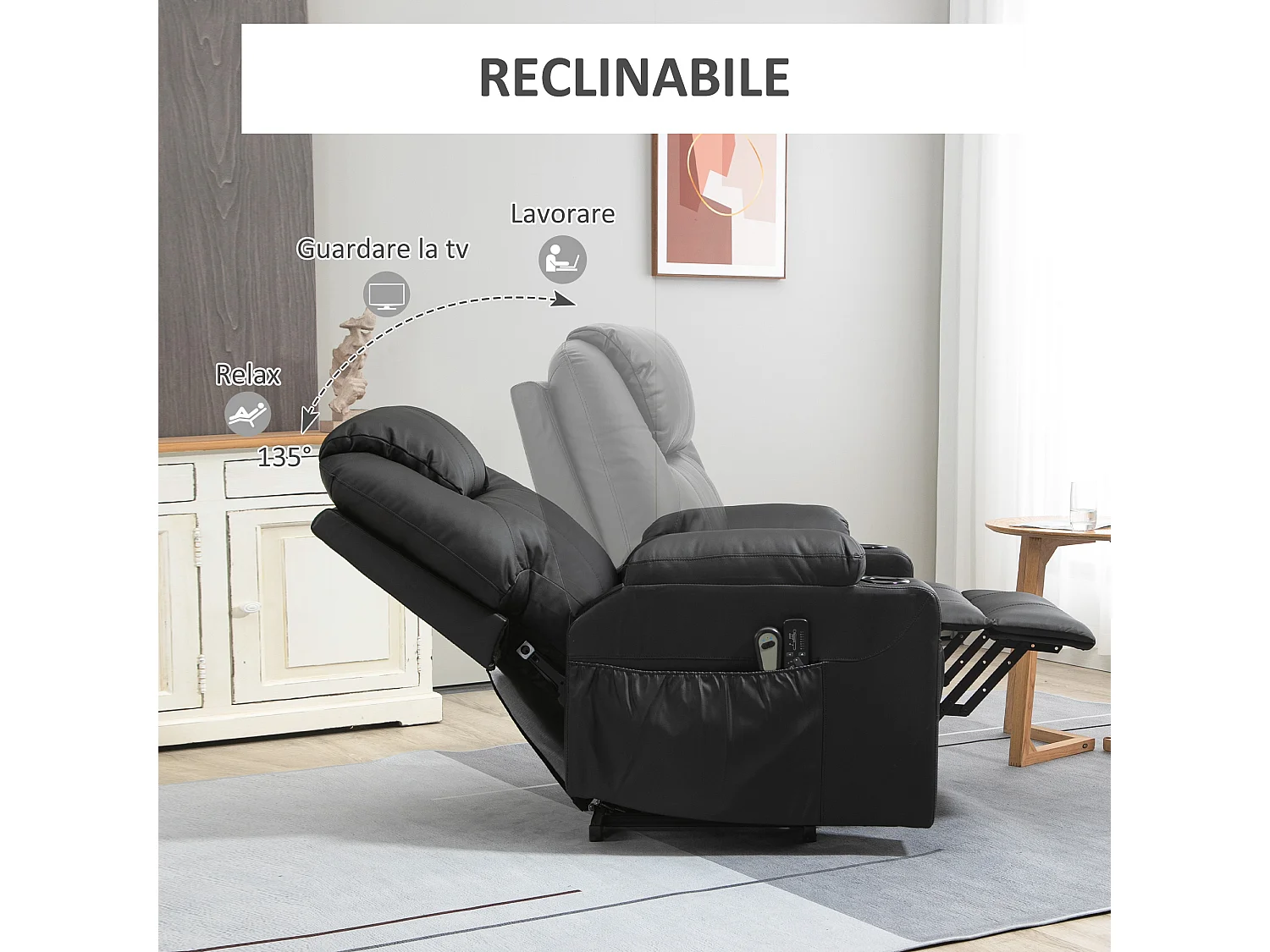 Poltrona alzapersona massaggiante e reclinabile max 135° nero