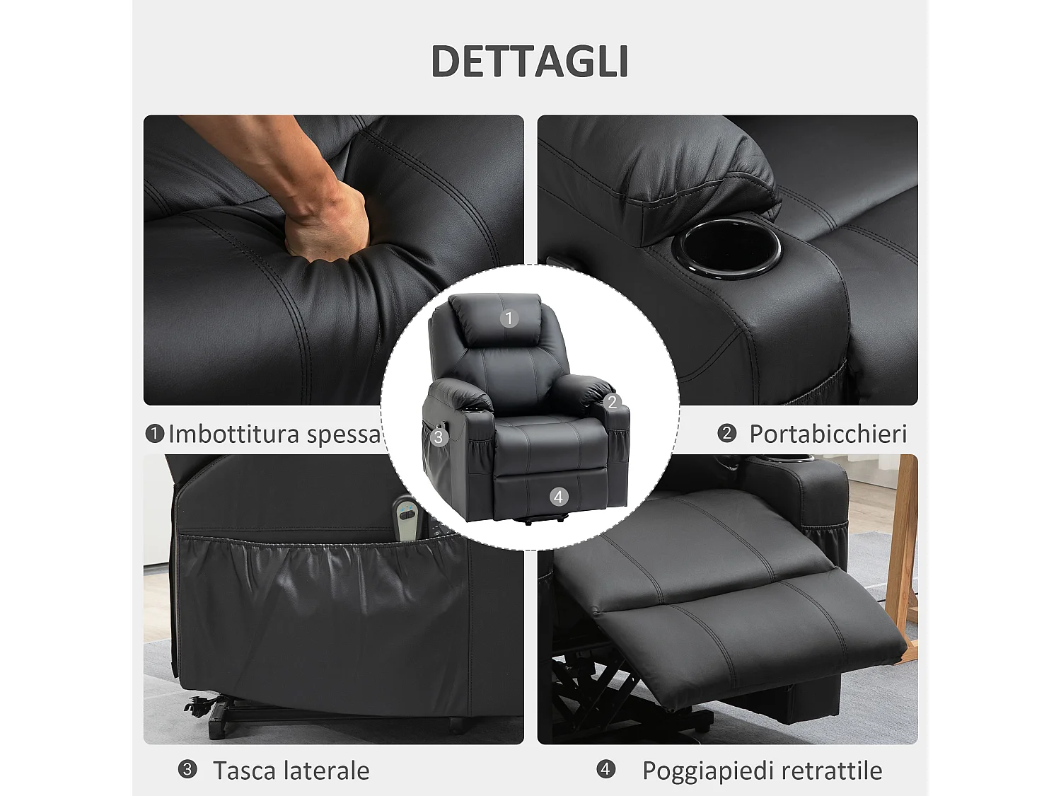 Poltrona alzapersona massaggiante e reclinabile max 135° nero