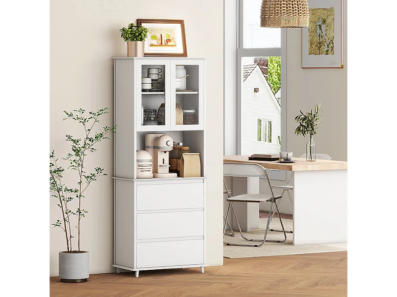 Dispensa cucina con armadietto a 2 livelli e 3 cassetti in mdf bianco