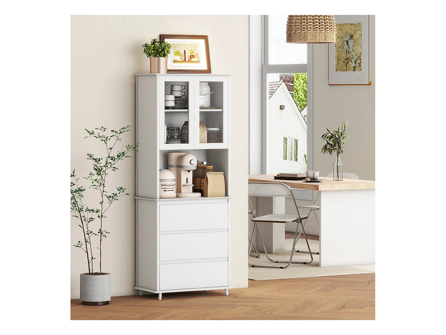 Dispensa cucina con armadietto a 2 livelli e 3 cassetti in mdf bianco