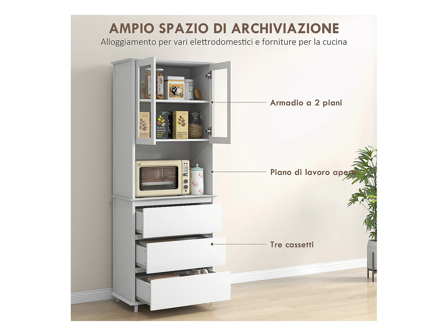Dispensa cucina con armadietto a 2 livelli e 3 cassetti in mdf bianco