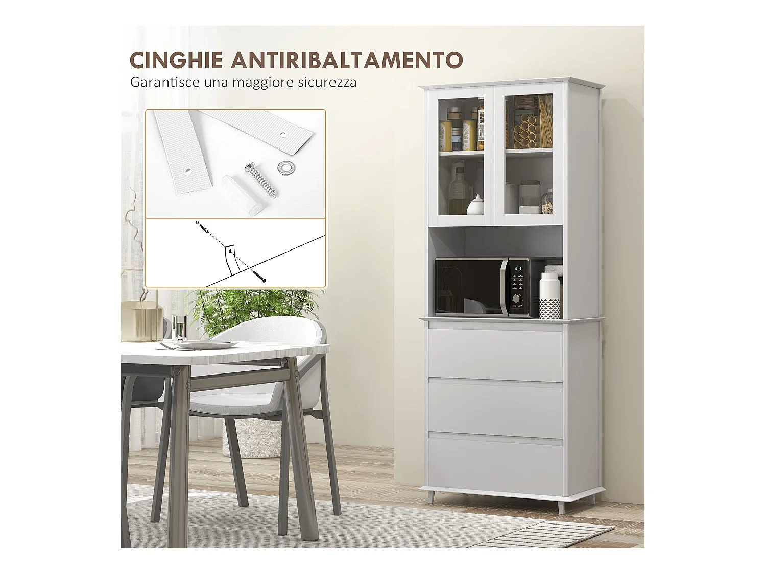 Dispensa cucina con armadietto a 2 livelli e 3 cassetti in mdf bianco