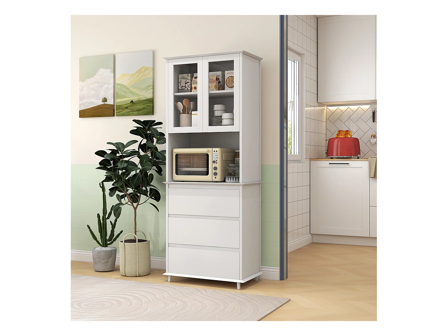 Dispensa cucina con armadietto a 2 livelli e 3 cassetti in mdf bianco
