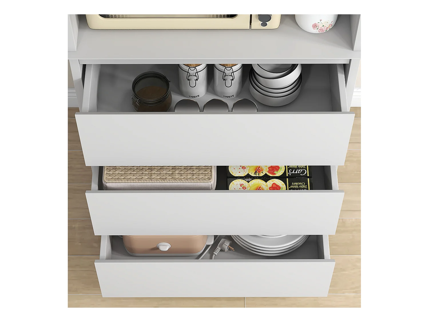 Dispensa cucina con armadietto a 2 livelli e 3 cassetti in mdf bianco
