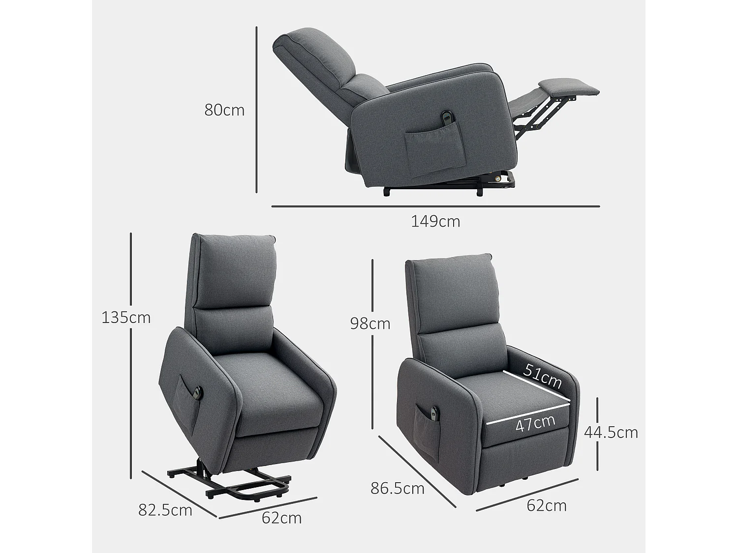 Poltrona alzapersona elettrica e reclinabile con telecomando grigio