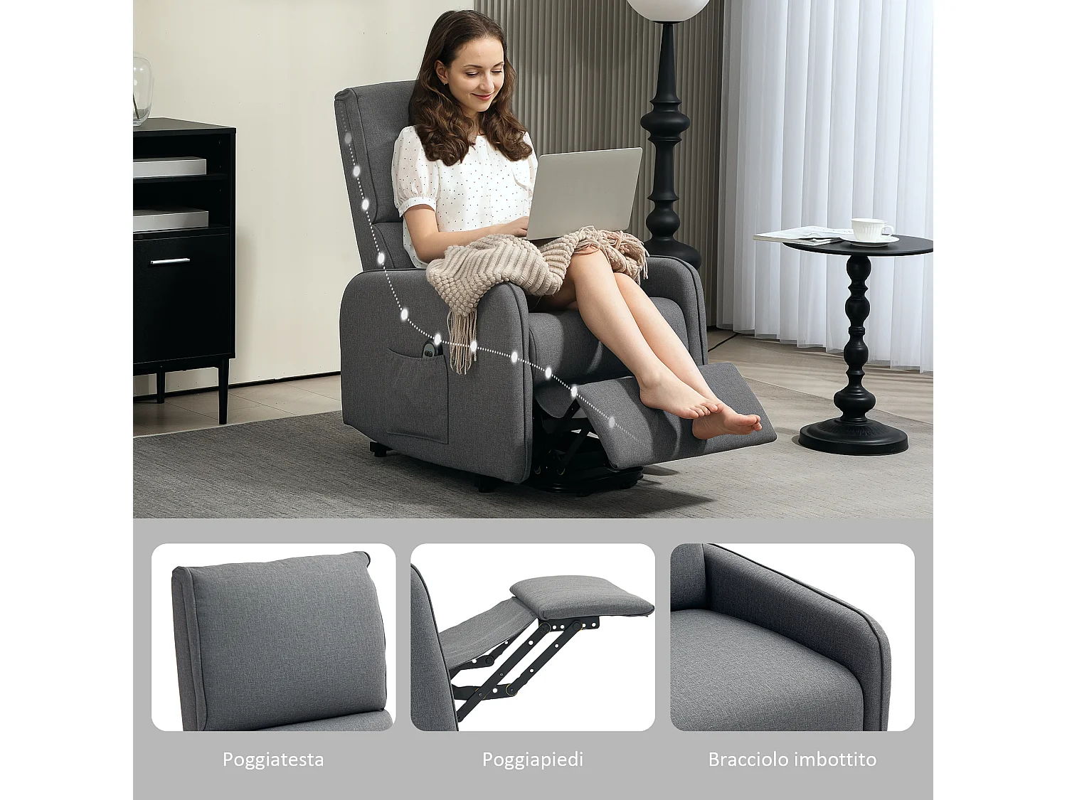 Poltrona alzapersona elettrica e reclinabile con telecomando grigio