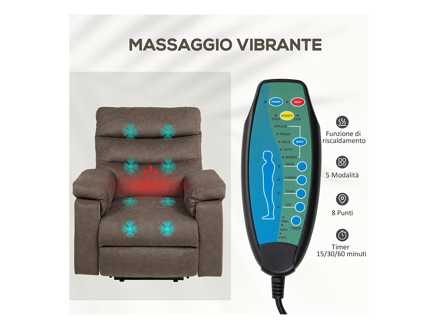 Poltrona alzapersona reclinabile massaggiante marrone scuro