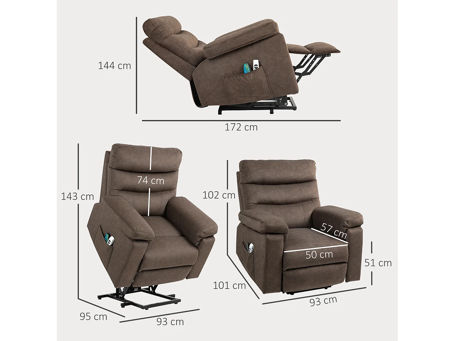 Poltrona alzapersona reclinabile massaggiante marrone scuro