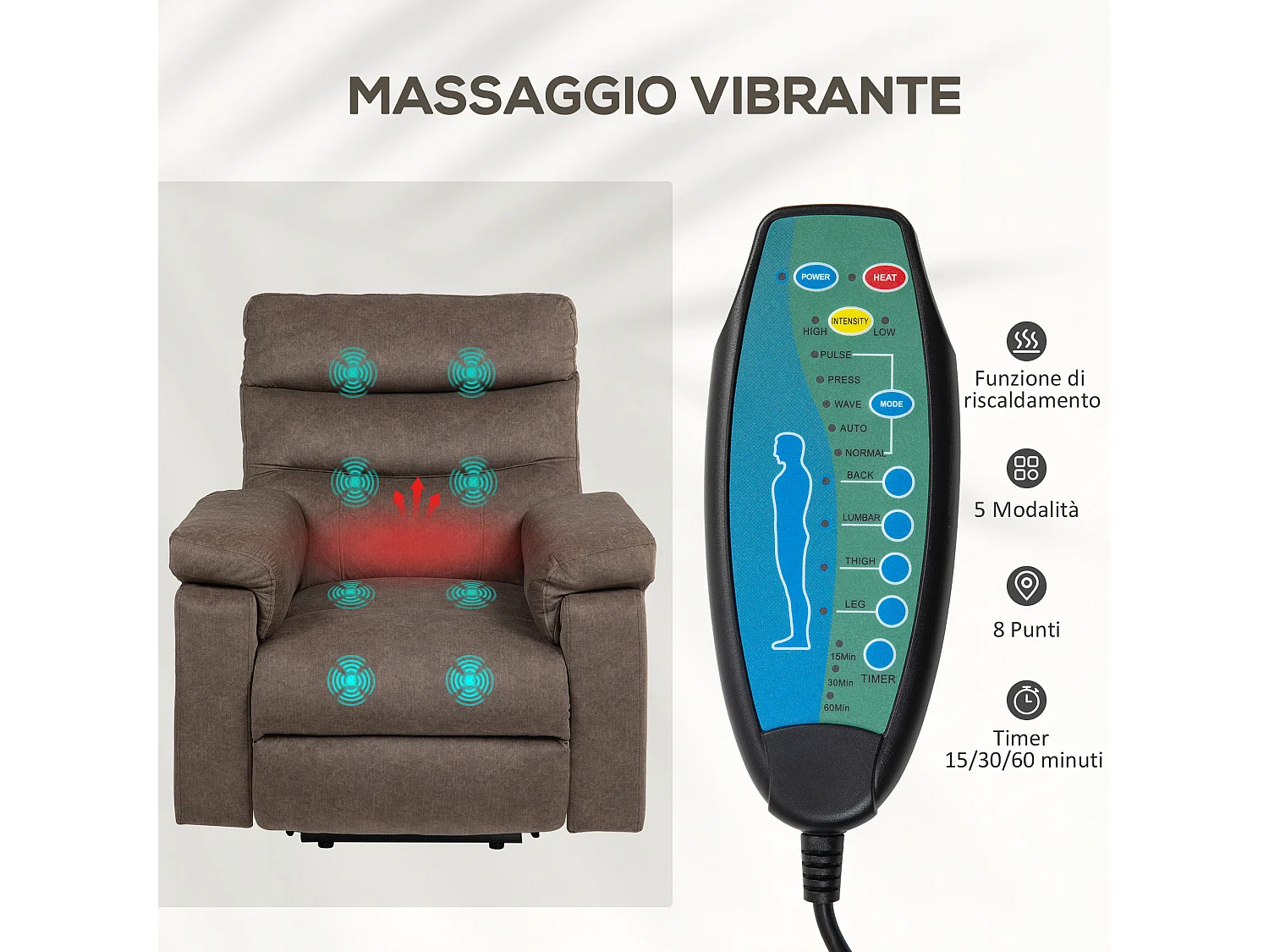 Poltrona alzapersona reclinabile massaggiante marrone scuro