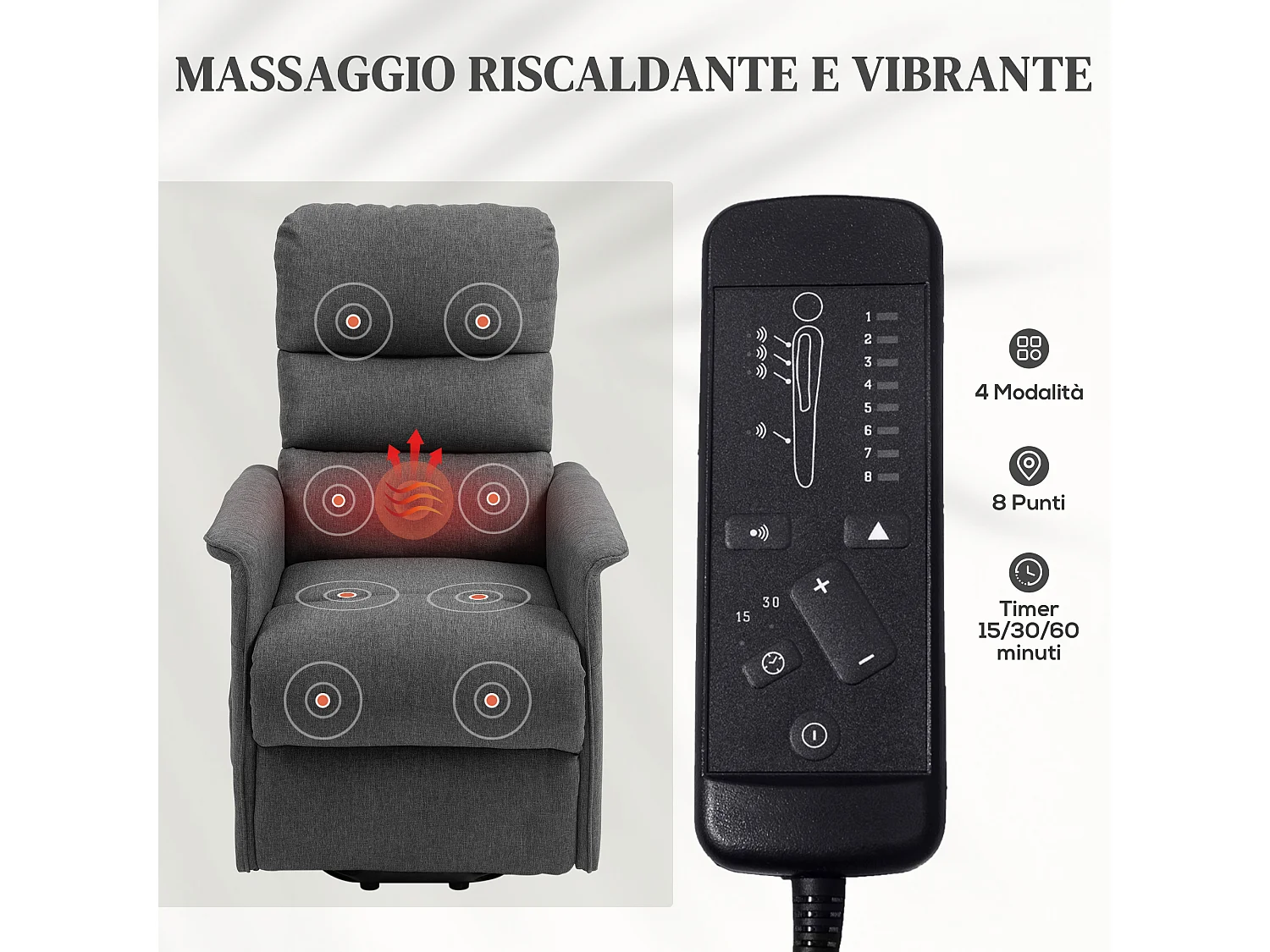 Poltrona alzapersona reclinabile massaggiante e riscaldata grigio