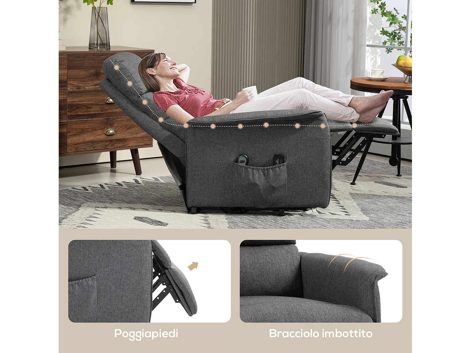 Poltrona alzapersona reclinabile massaggiante e riscaldata grigio