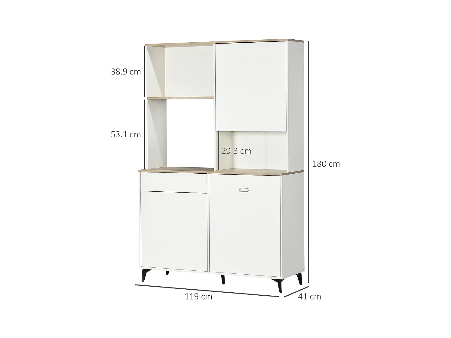 Dispensa cucina con ripiani aperti armadietti e cassetto bianco