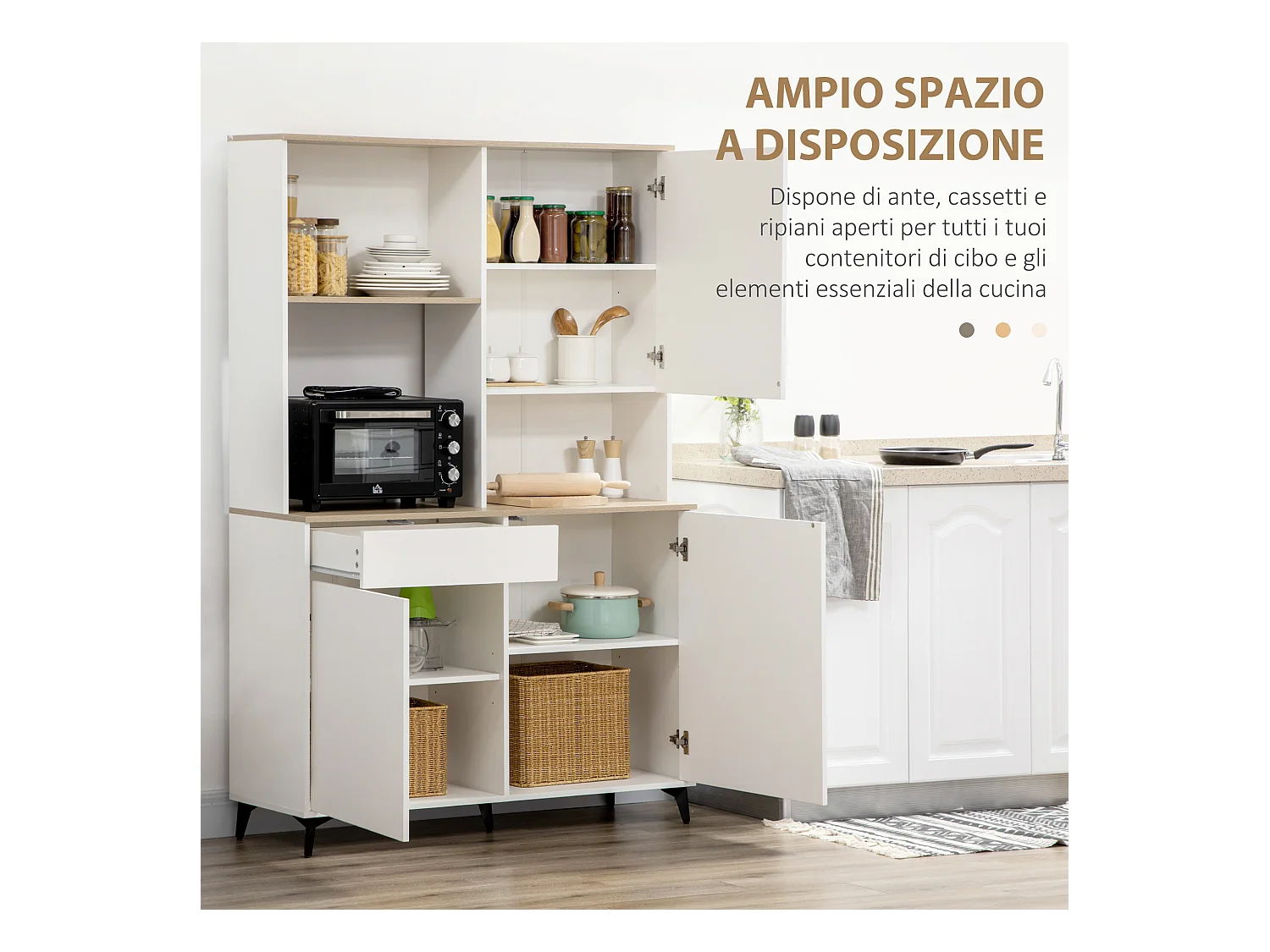Dispensa cucina con ripiani aperti armadietti e cassetto bianco