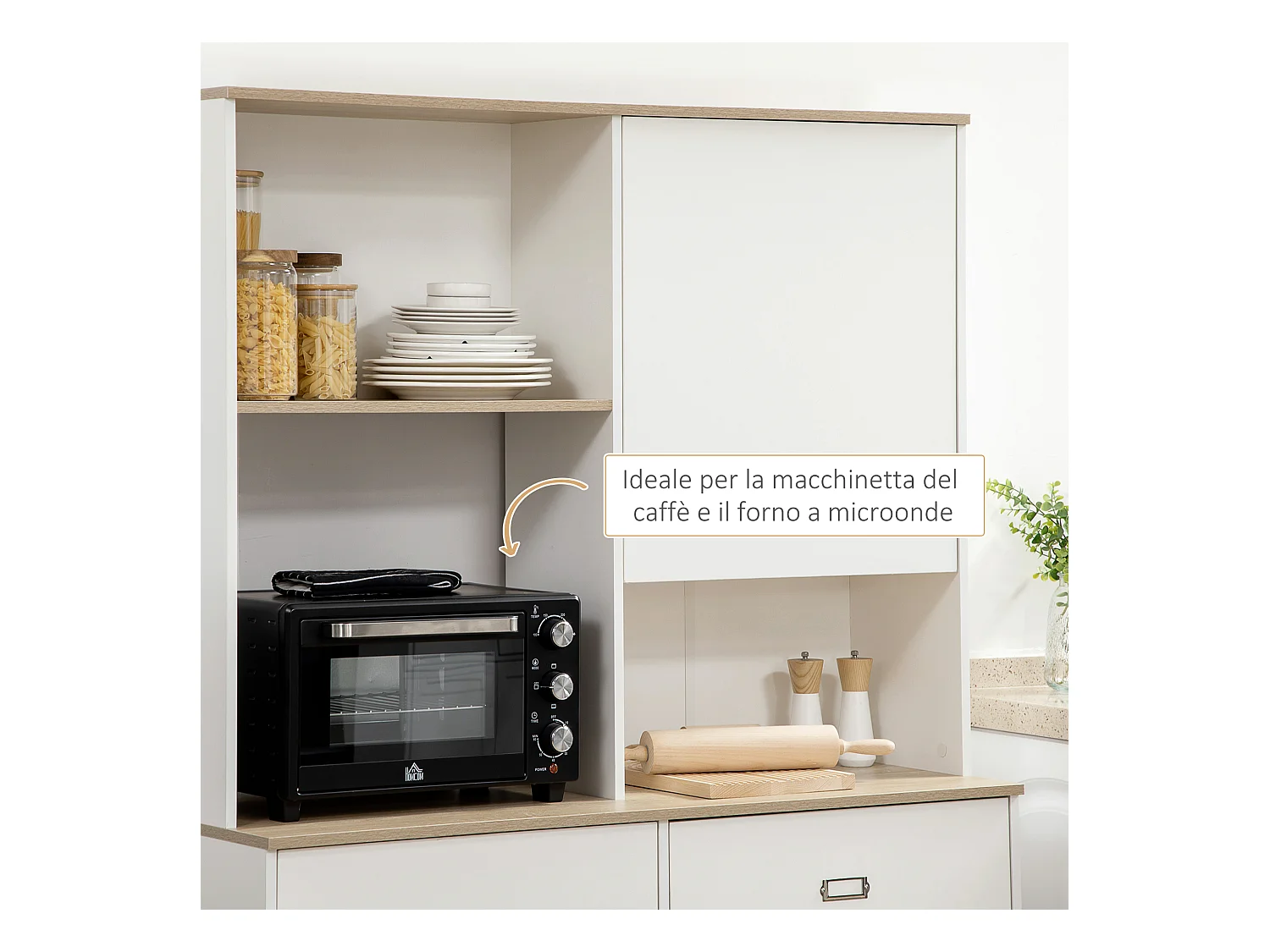Dispensa cucina con ripiani aperti armadietti e cassetto bianco