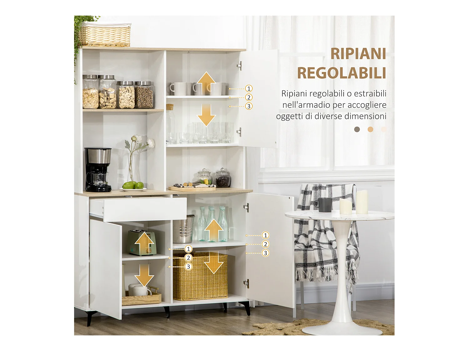 Dispensa cucina con ripiani aperti armadietti e cassetto bianco