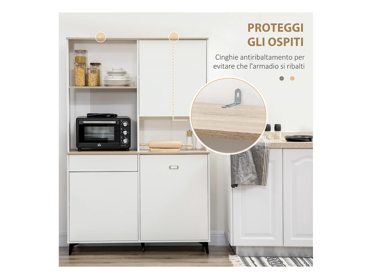 Dispensa cucina con ripiani aperti armadietti e cassetto bianco