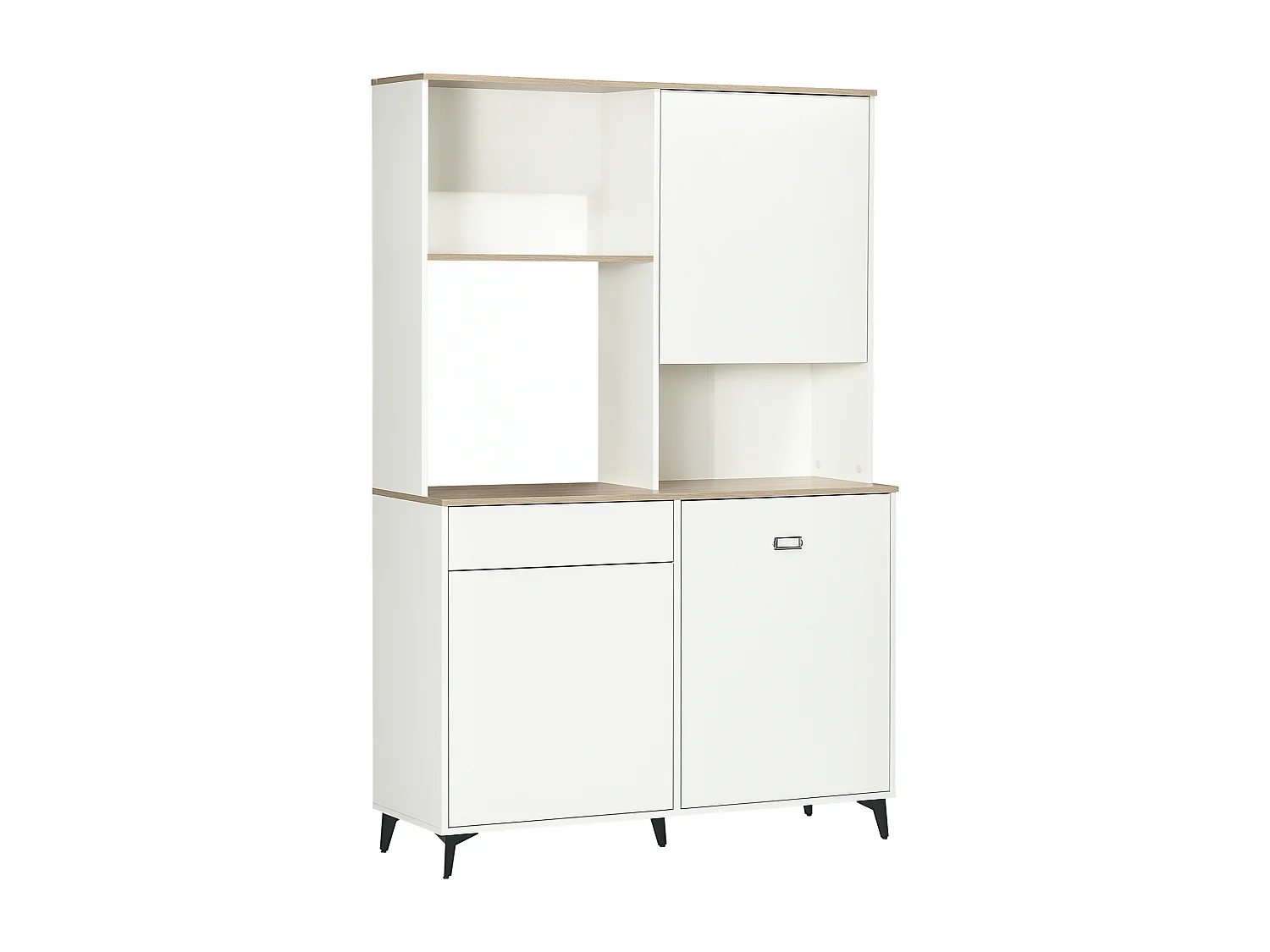 Dispensa cucina con ripiani aperti armadietti e cassetto bianco