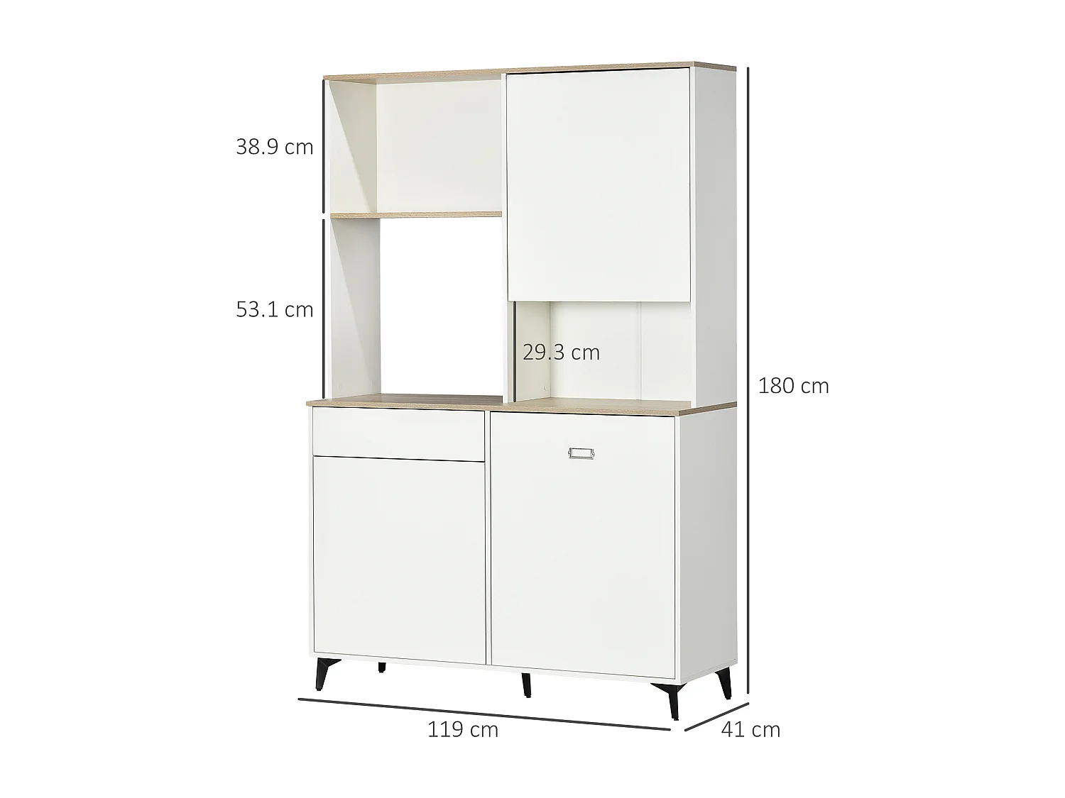 Dispensa cucina con ripiani aperti armadietti e cassetto bianco