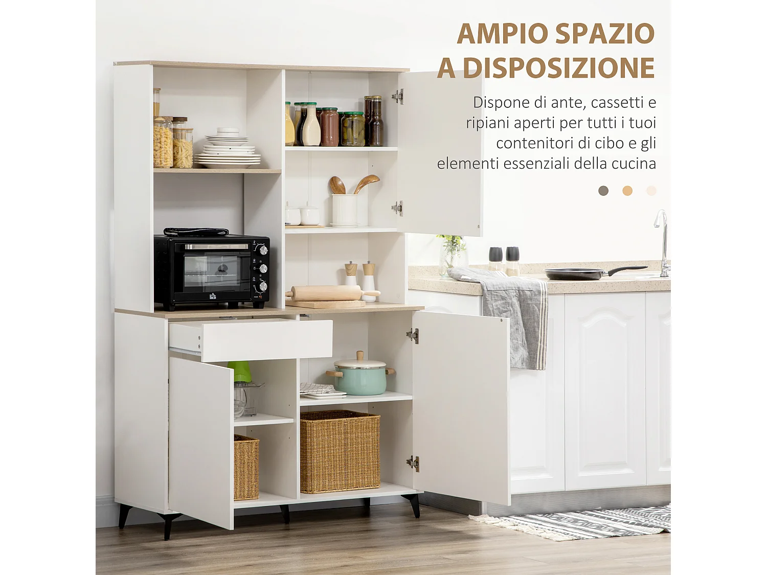 Dispensa cucina con ripiani aperti armadietti e cassetto bianco