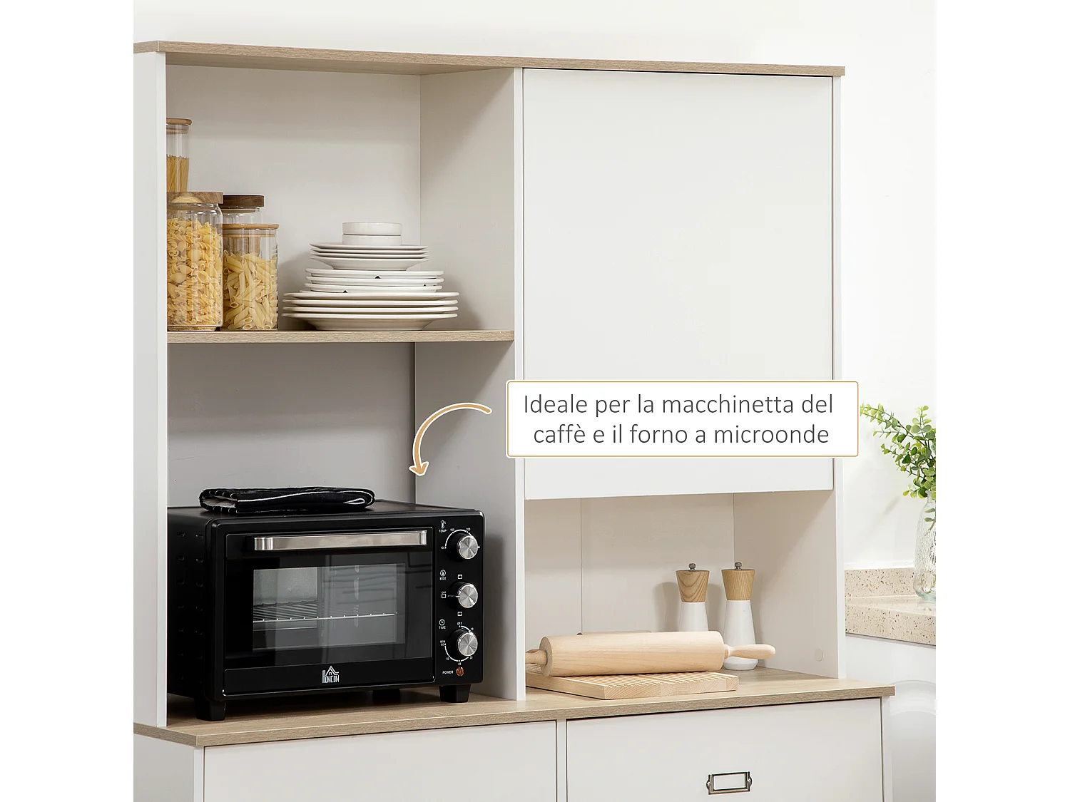 Dispensa cucina con ripiani aperti armadietti e cassetto bianco