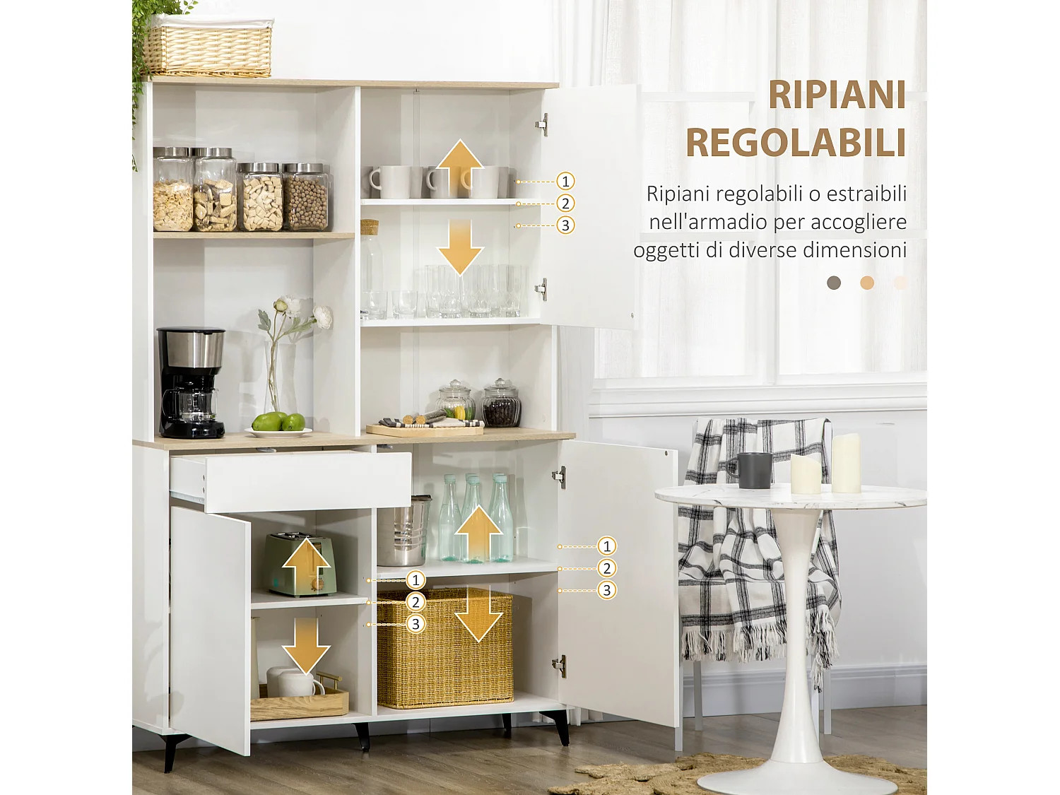 Dispensa cucina con ripiani aperti armadietti e cassetto bianco
