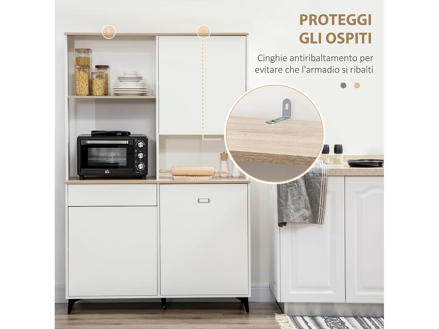 Dispensa cucina con ripiani aperti armadietti e cassetto bianco