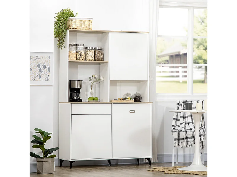 Dispensa cucina con ripiani aperti armadietti e cassetto bianco