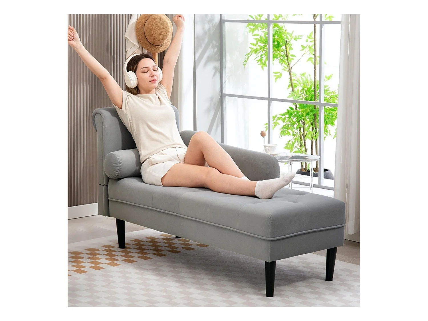 Chaise longue con rivestimento trapuntato effetto velluto grigio