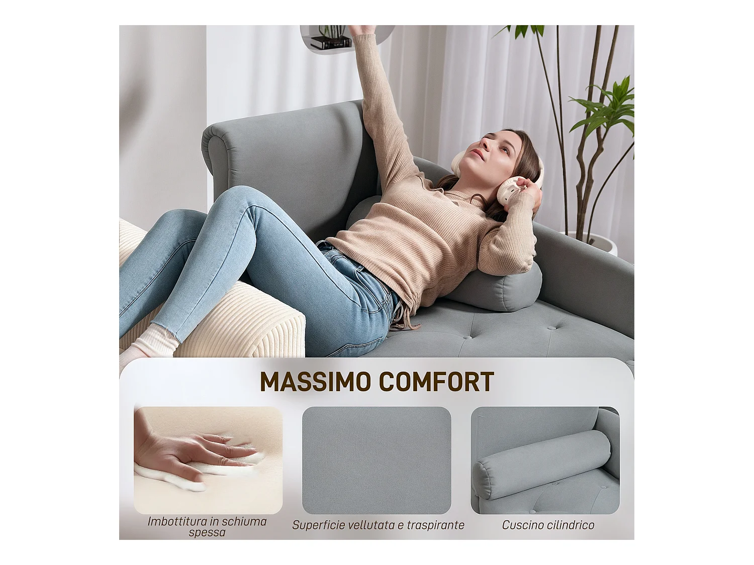 Chaise longue con rivestimento trapuntato effetto velluto grigio