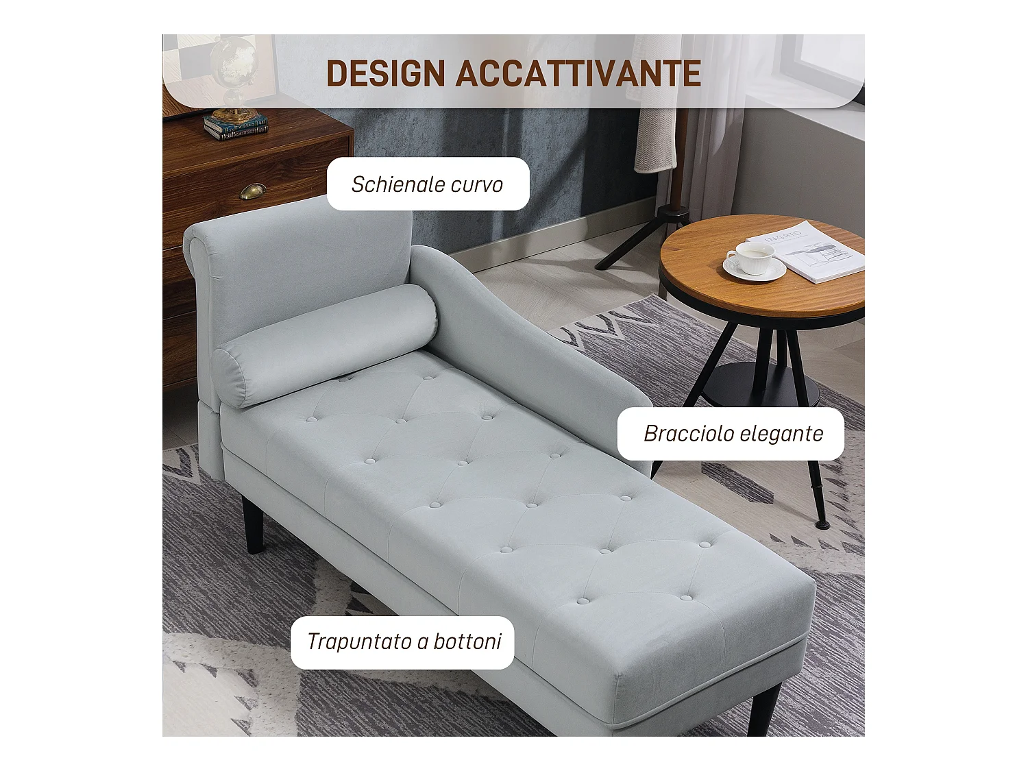Chaise longue con rivestimento trapuntato effetto velluto grigio