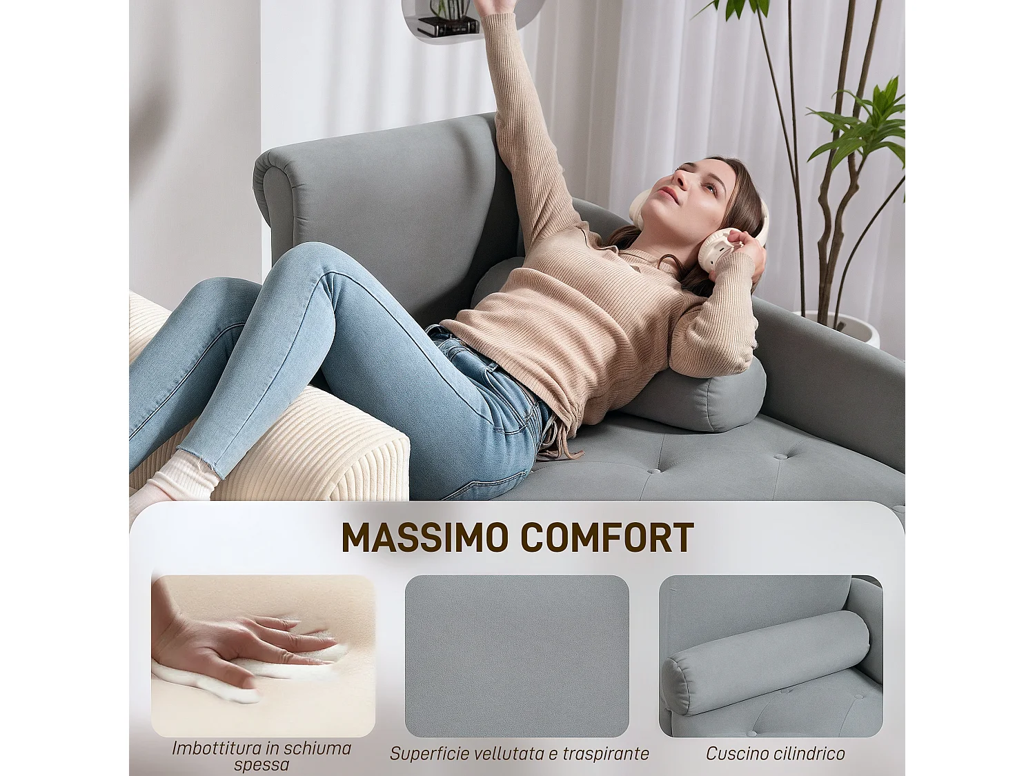 Chaise longue con rivestimento trapuntato effetto velluto grigio