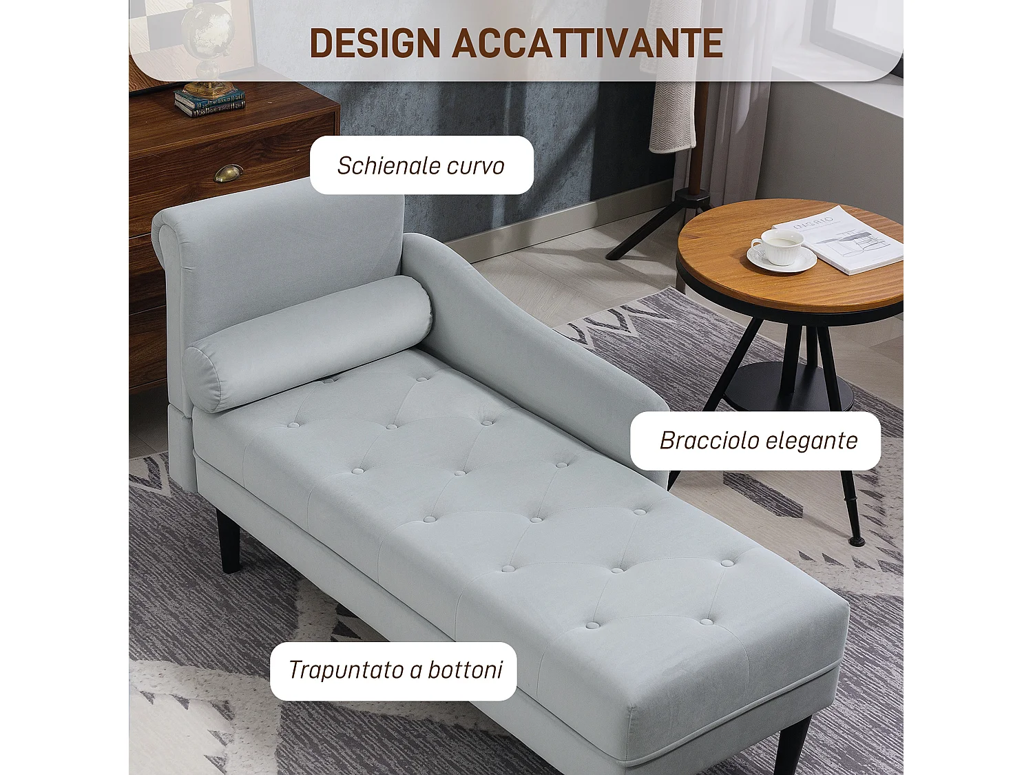 Chaise longue con rivestimento trapuntato effetto velluto grigio
