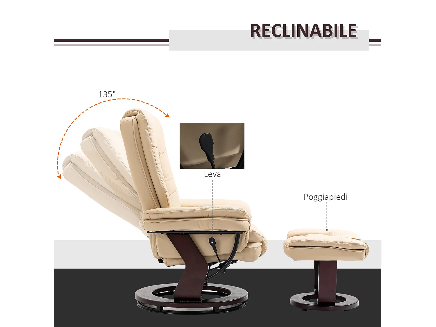 Set poltrona relax e pouf poggiapiedi reclinabile e girevole