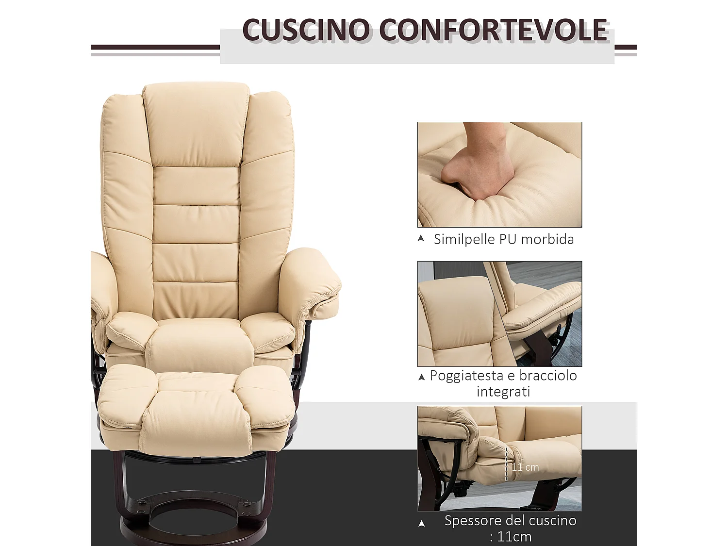 Set poltrona relax e pouf poggiapiedi reclinabile e girevole