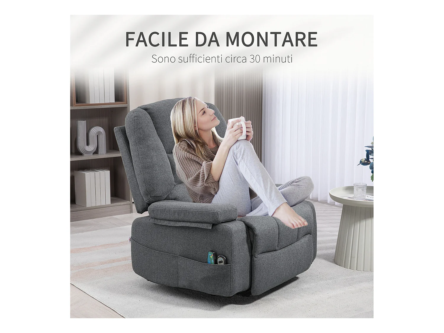 Poltrona alzapersona reclinabile in tessuto effetto lino grigio