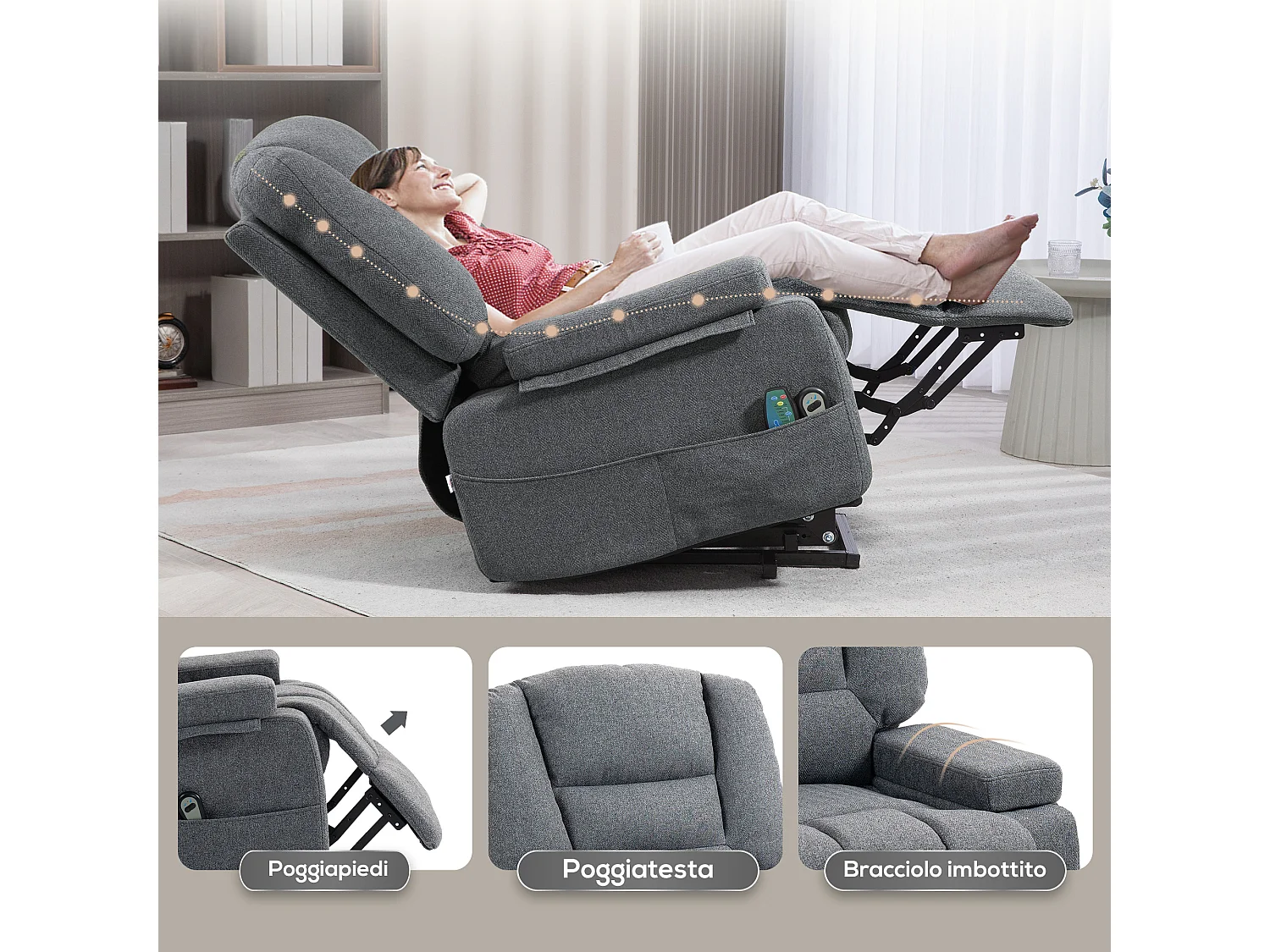 Poltrona alzapersona reclinabile in tessuto effetto lino grigio