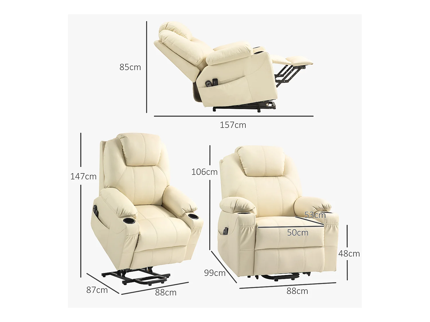 Poltrona reclinabile alzapersona massaggiante con telecomando crema