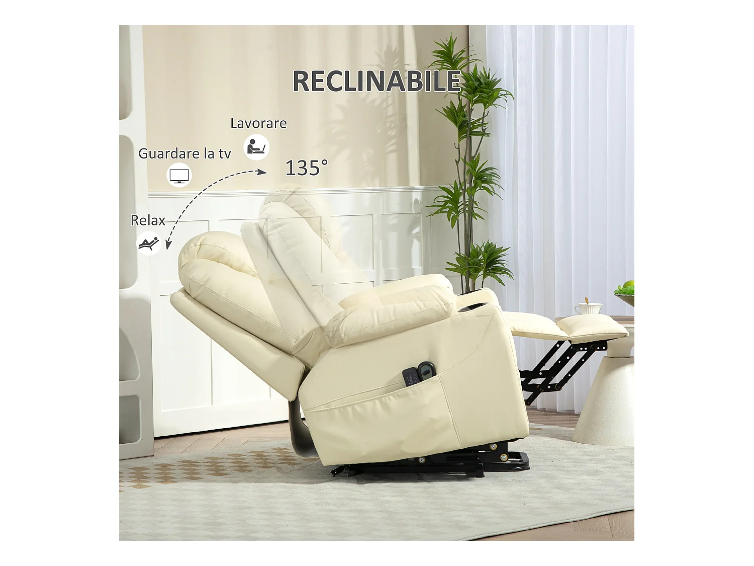 Poltrona reclinabile alzapersona massaggiante con telecomando crema