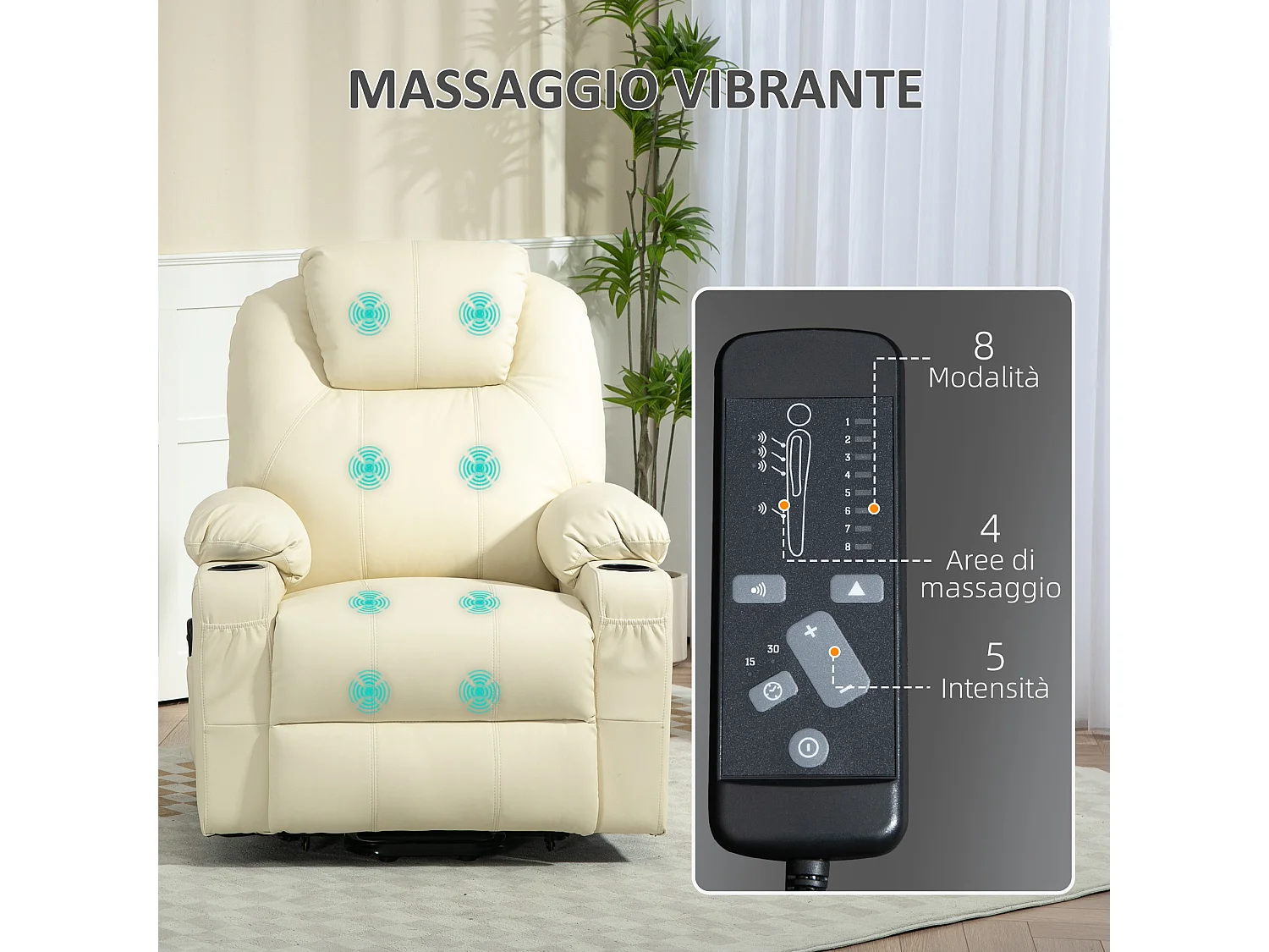 Poltrona reclinabile alzapersona massaggiante con telecomando crema