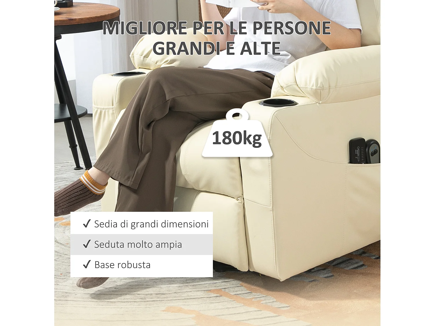 Poltrona reclinabile alzapersona massaggiante con telecomando crema