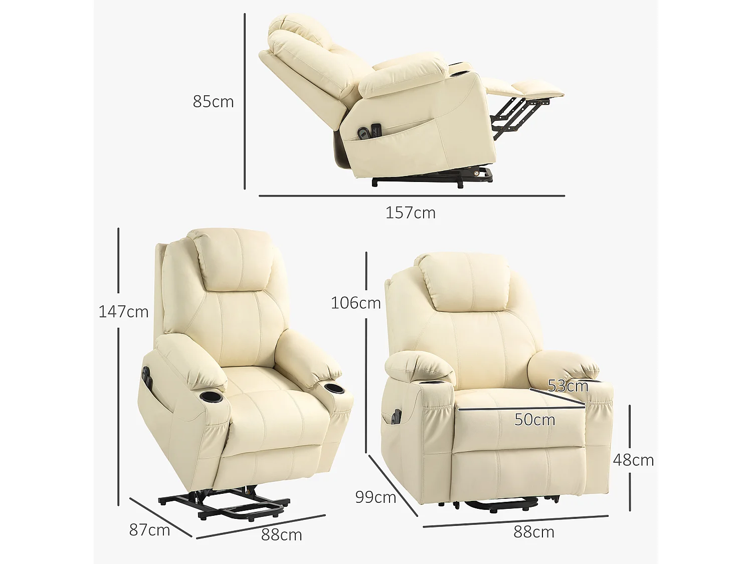 Poltrona reclinabile alzapersona massaggiante con telecomando crema