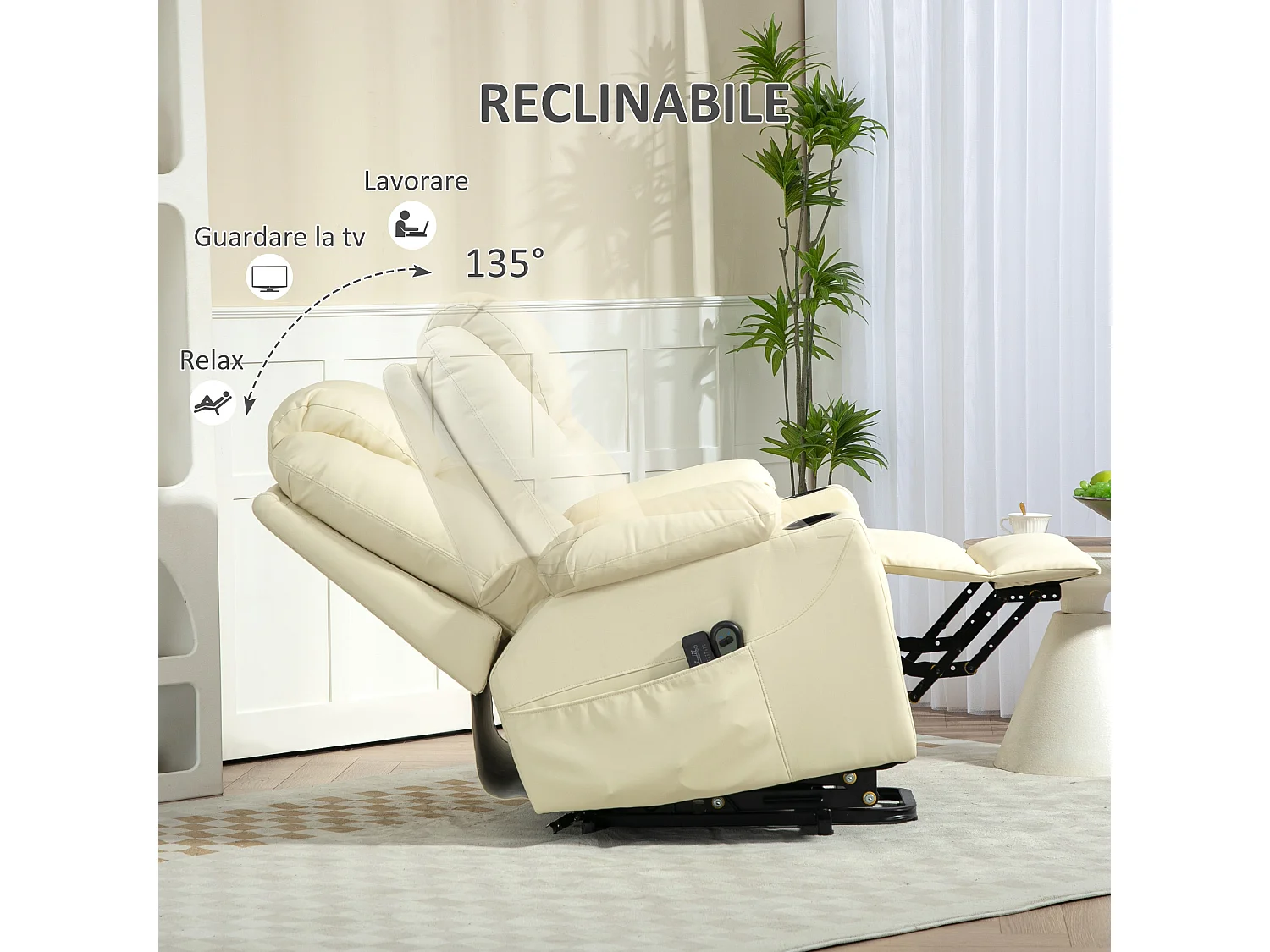 Poltrona reclinabile alzapersona massaggiante con telecomando crema